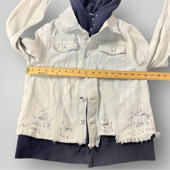 Free People Double Weave Denim Jacket Hooded Distressed Grunge Streetwear Sz M - Picture 4 of 7